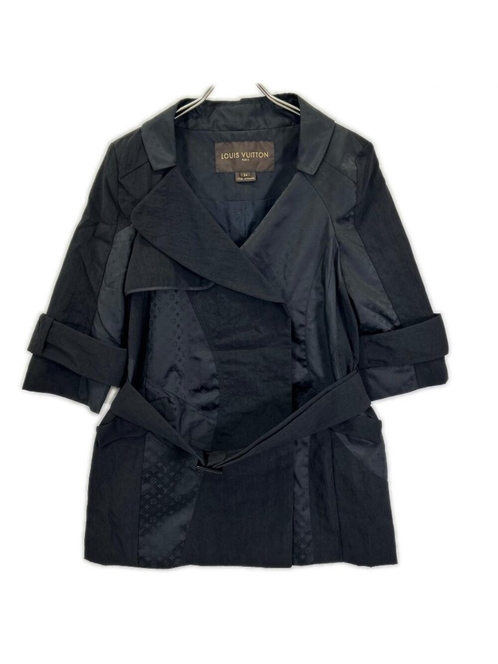 Louis Vuitton Black Monogram Pattern Belted Half Trench Coat 34